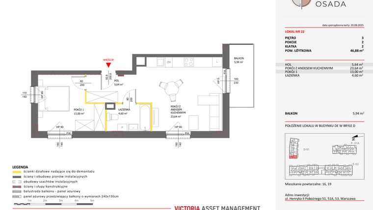 Rzut - Mieszkanie na sprzedaż 2 pokoje o powierzchni 46,88 m² - numer D.22 w Piastova Osada