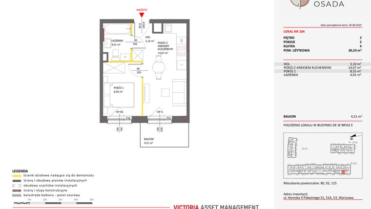 Rzut - Mieszkanie na sprzedaż 2 pokoje o powierzchni 30,33 m² - numer E.104 w Piastova Osada