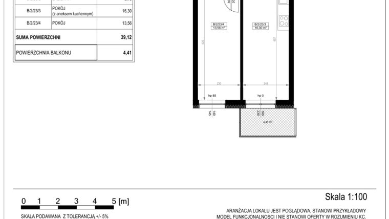 Rzut - Mieszkanie na sprzedaż 2 pokoje o powierzchni 39,12 m² - numer B-2-23 w Zamieszkaj na Rudawskiej 5