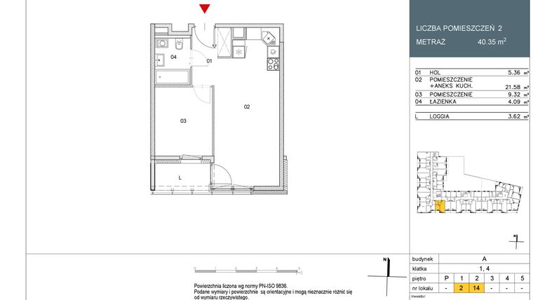 Rzut - Mieszkanie na sprzedaż 2 pokoje o powierzchni 40,35 m² - numer L2 w Morwowa 5 - Apartamenty inwestycyjne