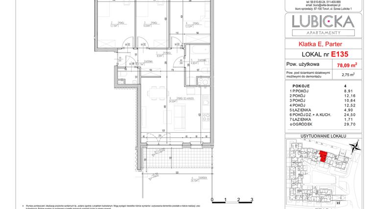 Rzut - Mieszkanie na sprzedaż 4 pokoje o powierzchni 78,09 m² - numer E135 w Apartamenty Lubicka