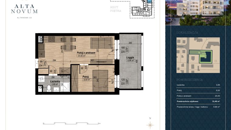 Rzut - Mieszkanie na sprzedaż 2 pokoje o powierzchni 33,49 m² - numer 11 w Alta Novum