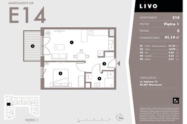 Rzut - Mieszkanie na sprzedaż 2 pokoje o powierzchni 41,14 m² - numer E14 w Livo