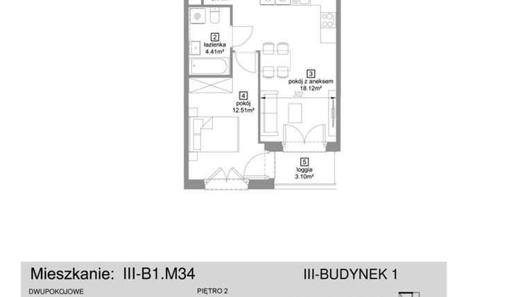 Rzut - Mieszkanie na sprzedaż 2 pokoje o powierzchni 40,48 m² - numer III-B1.M34 w Strefa Cegielnia 3