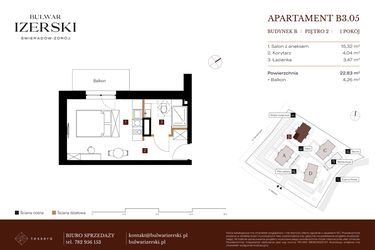 Rzut - Mieszkanie na sprzedaż 1 pokój o powierzchni 22,83 m² - numer B3.05 w Bulwar Izerski