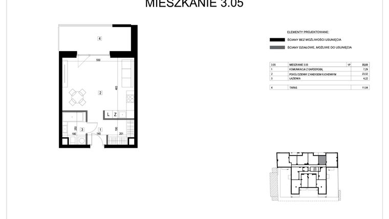 Rzut - Mieszkanie na sprzedaż 1 pokój o powierzchni 35,03 m² - numer M3.05 w Verde Casa