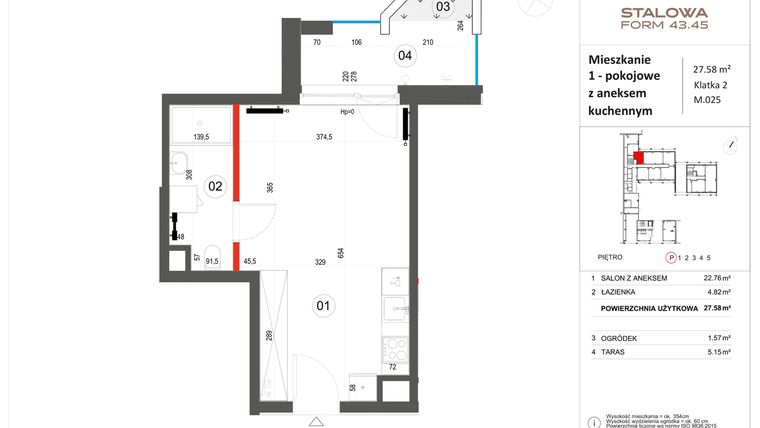 Rzut - Mieszkanie na sprzedaż 1 pokój o powierzchni 27,58 m² - numer 25 w Stalowa Form 43.45