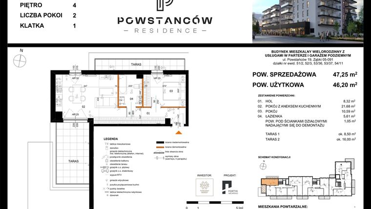 Rzut - Mieszkanie na sprzedaż 2 pokoje o powierzchni 47,25 m² - numer 16 w Powstańców Residence