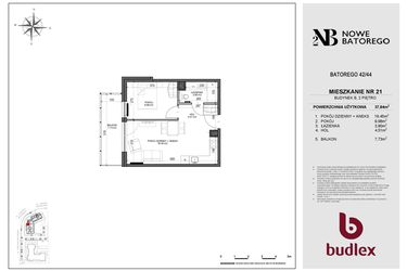Rzut - Mieszkanie na sprzedaż 2 pokoje o powierzchni 37,84 m² - numer B21 w Nowe Batorego 2