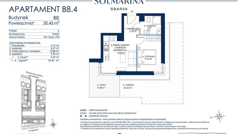 Rzut - Mieszkanie na sprzedaż 2 pokoje o powierzchni 30,43 m² - numer B8.4 w Sol Marina B