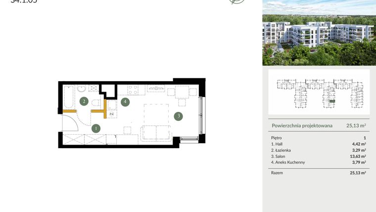 Rzut - Mieszkanie na sprzedaż 1 pokój o powierzchni 25,13 m² - numer S4.1.05 w Ogrody Julianów