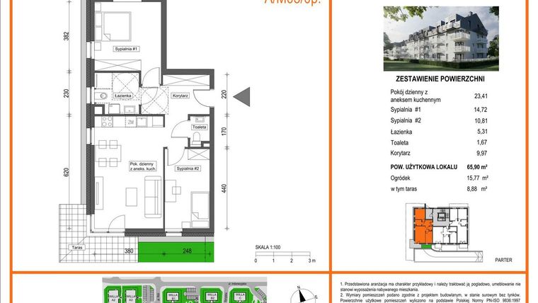 Rzut - Mieszkanie na sprzedaż 3 pokoje o powierzchni 65,9 m² - numer A1/M03/0P w Zielony Brochów 7 - etap A