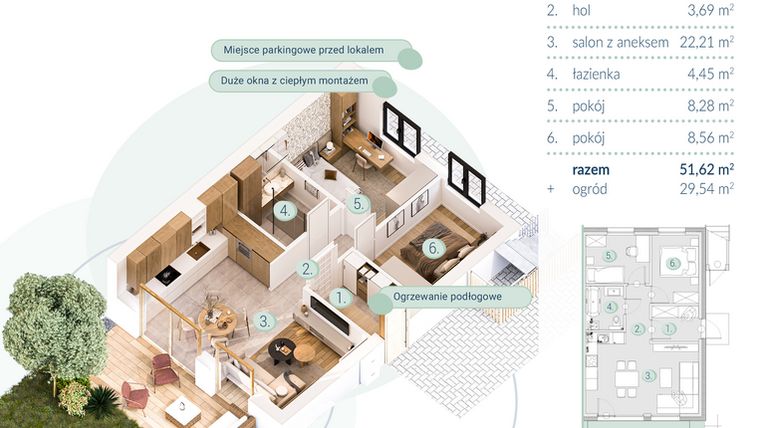 Rzut - Mieszkanie na sprzedaż 3 pokoje o powierzchni 51,62 m² - numer A.5.1 w Enklawa