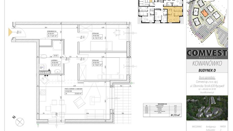 Rzut - Mieszkanie na sprzedaż 3 pokoje o powierzchni 61,73 m² - numer D2 w Kowanówko