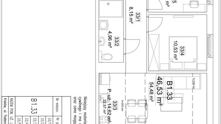 Rzut - Mieszkanie na sprzedaż 3 pokoje o powierzchni 46,53 m² - numer B1.33 w Osiedle Versus