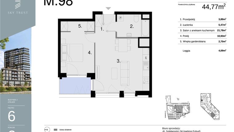 Rzut - Mieszkanie na sprzedaż 2 pokoje o powierzchni 44,77 m² - numer M98 w Sky Trust etap II