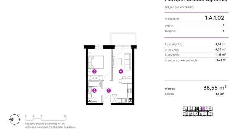 Rzut - Mieszkanie na sprzedaż 2 pokoje o powierzchni 36,55 m² - numer 1.A.1.02 w Murapol Osiedle Dynamiq