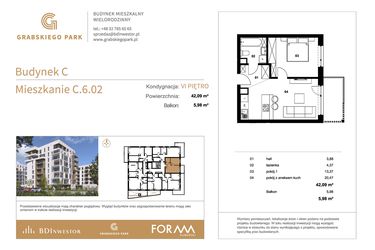 Rzut - Mieszkanie na sprzedaż 2 pokoje o powierzchni 42,09 m² - numer C.6.02 w Grabskiego Park