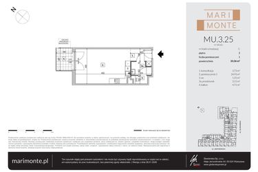 Rzut - Mieszkanie na sprzedaż 1 pokój o powierzchni 33,36 m² - numer MU.3.25 w Marimonte - lokale inwestycyjne
