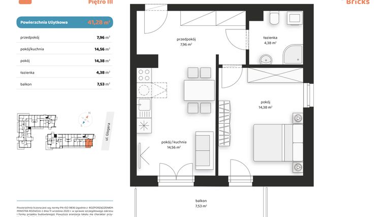 Rzut - Mieszkanie na sprzedaż 2 pokoje o powierzchni 41,28 m² - numer M I.3.2 w Glogera Bricks