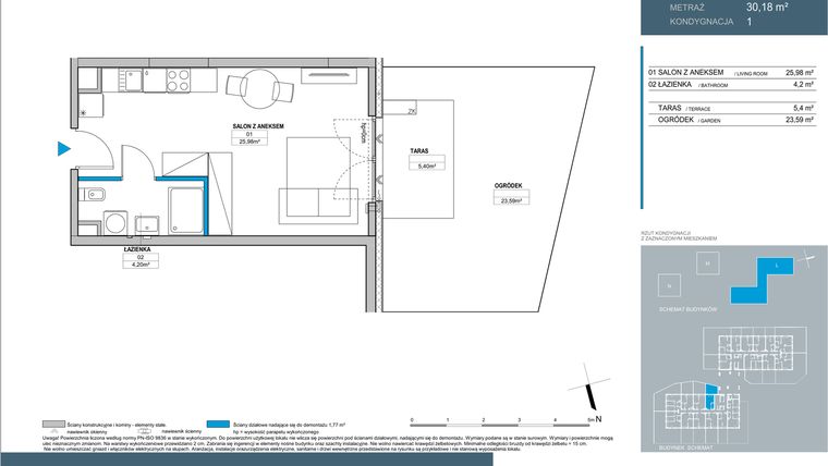 Rzut - Mieszkanie na sprzedaż 1 pokój o powierzchni 30,18 m² - numer L1.1.10 w Nordic Bemowo - etap III