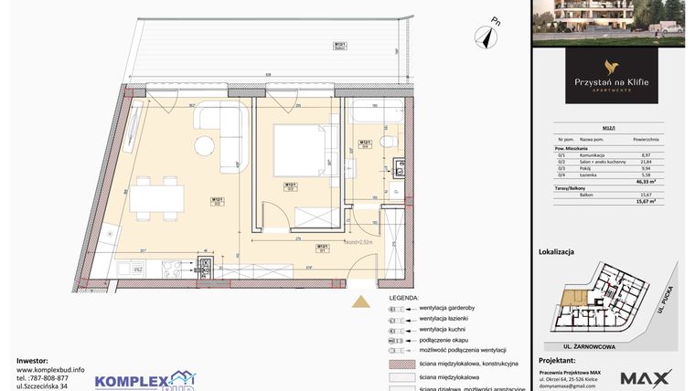 Rzut - Mieszkanie na sprzedaż 2 pokoje o powierzchni 46,33 m² - numer M12 w Przystań na Klifie