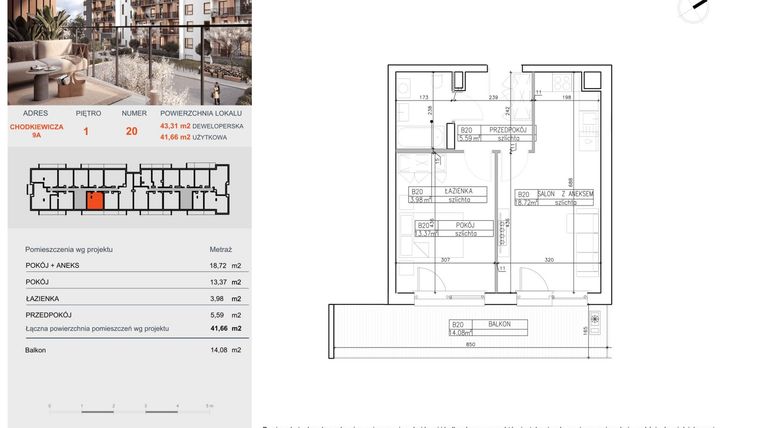 Rzut - Mieszkanie na sprzedaż 2 pokoje o powierzchni 41,66 m² - numer B20 w Symfonia - Chodkiewicza 9