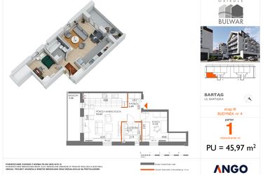 Rzut - Mieszkanie na sprzedaż 2 pokoje o powierzchni 45,97 m² - numer 1 w Osiedle Bulwar bud. 4