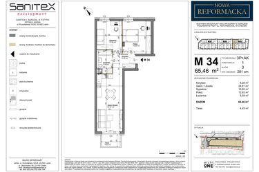 Rzut - Mieszkanie na sprzedaż 3 pokoje o powierzchni 65,46 m² - numer 34 w Nowa Reformacka