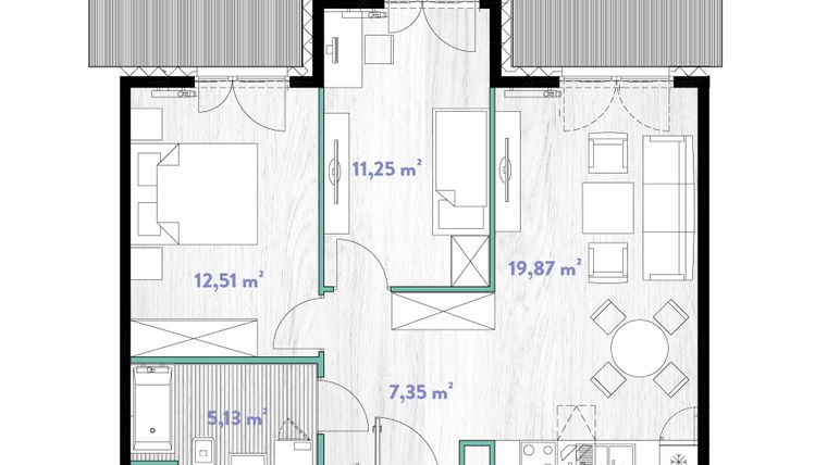 Rzut - Mieszkanie na sprzedaż 3 pokoje o powierzchni 56,37 m² - numer A.03.05 w Do Wilgi