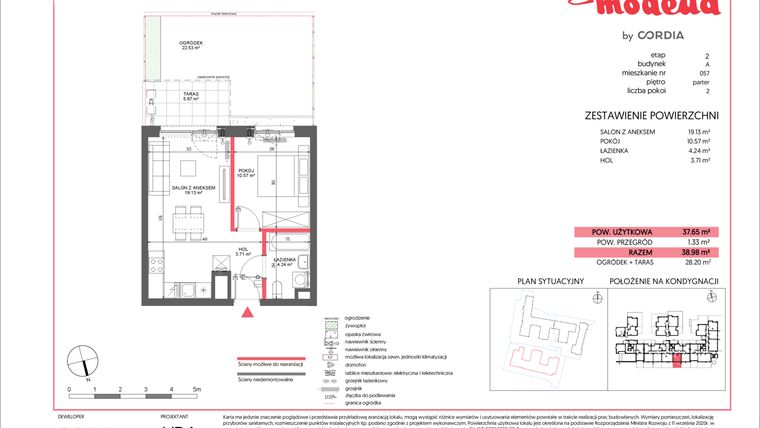 Rzut - Mieszkanie na sprzedaż 2 pokoje o powierzchni 37,65 m² - numer A.057 w Modena II