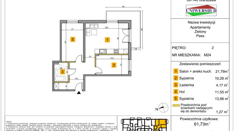 Rzut - Mieszkanie na sprzedaż 3 pokoje o powierzchni 61,73 m² - numer 24 w Zielony Pass