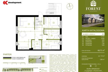Rzut - Mieszkanie na sprzedaż 4 pokoje o powierzchni 68,75 m² - numer 2A w Wiązowna Forest