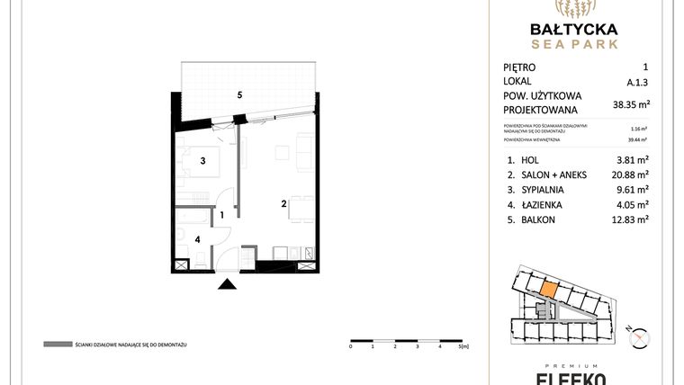 Rzut - Mieszkanie na sprzedaż 2 pokoje o powierzchni 38,35 m² - numer A.1.3 w Bałtycka Sea Park