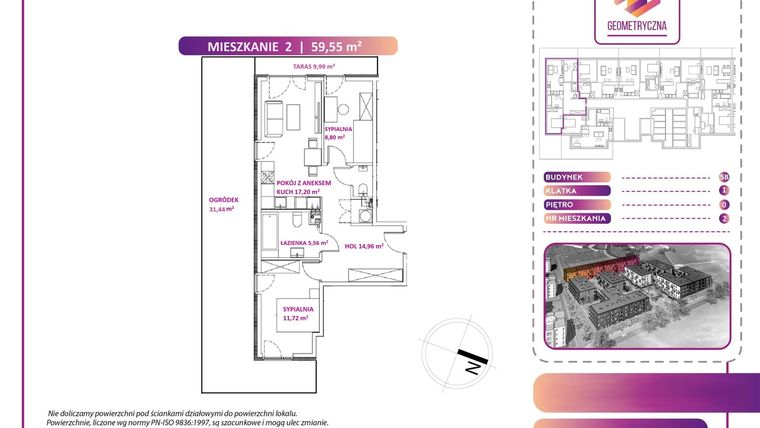 Rzut - Mieszkanie na sprzedaż 3 pokoje o powierzchni 59,55 m² - numer 2B w Geometryczna 5 - etap 3 - klatka I