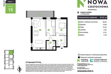 Rzut - Mieszkanie na sprzedaż 3 pokoje o powierzchni 67,81 m² - numer D15 w Nowa Częstochowa Małopolska etap II