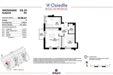 Rzut - Mieszkanie na sprzedaż 3 pokoje o powierzchni 54,9 m² - numer D3.19 w Osiedle Kociewskie etap IV