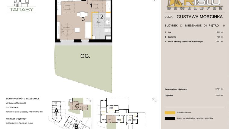 Rzut - Mieszkanie na sprzedaż 1 pokój o powierzchni 37,01 m² - numer C4 w Krzesławickie Tarasy