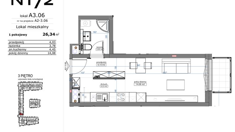 Rzut - Mieszkanie na sprzedaż 1 pokój o powierzchni 26,34 m² - numer A3.06 w Naramowicka 172