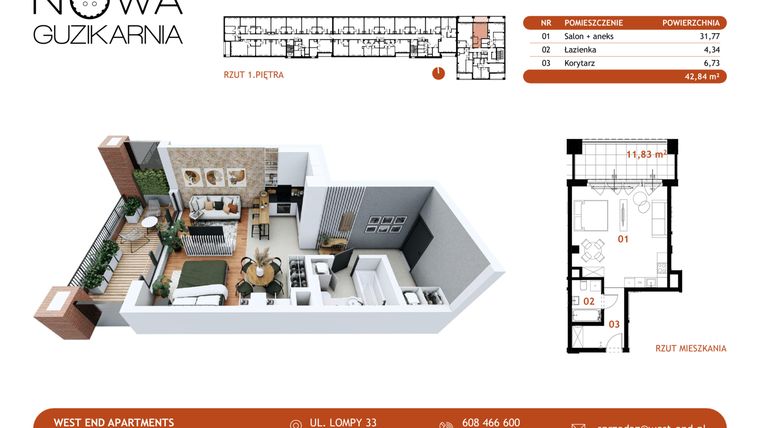 Rzut - Mieszkanie na sprzedaż 1 pokój o powierzchni 42,76 m² - numer A.1.112 w Nowa Guzikarnia