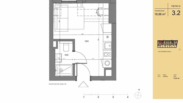 Rzut - Mieszkanie na sprzedaż 1 pokój o powierzchni 18,88 m² - numer 3.2 w Rezydencja San Petrus