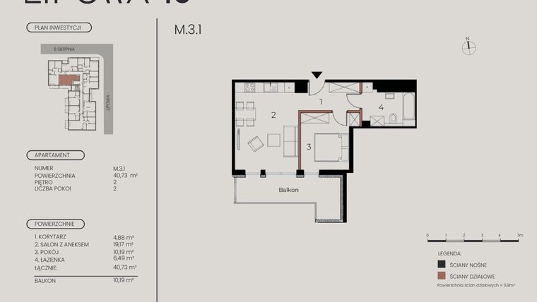 Rzut - Mieszkanie na sprzedaż 2 pokoje o powierzchni 40,73 m² - numer M.3.1 w Lipowa 43