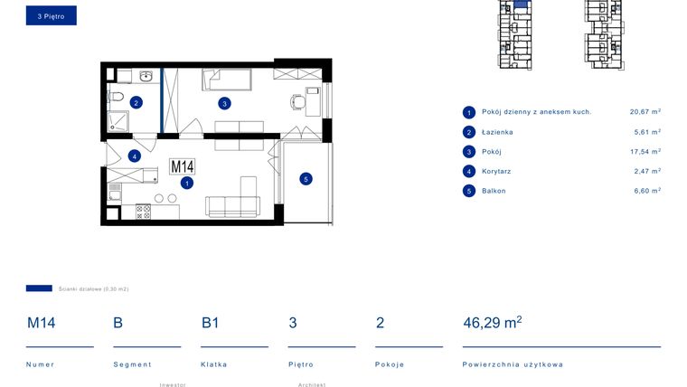Rzut - Mieszkanie na sprzedaż 2 pokoje o powierzchni 46,29 m² - numer 14B w Przy Bursztynowej