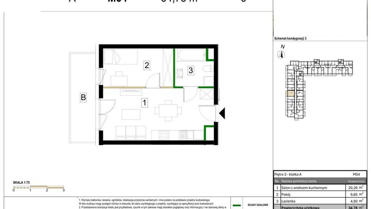 Rzut - Mieszkanie na sprzedaż 2 pokoje o powierzchni 34,78 m² - numer M54 w Zagórskie Tarasy