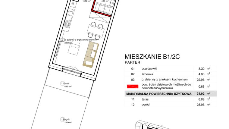 Rzut - Mieszkanie na sprzedaż 1 pokój o powierzchni 31,02 m² - numer B1.2C w Francuska Park VII