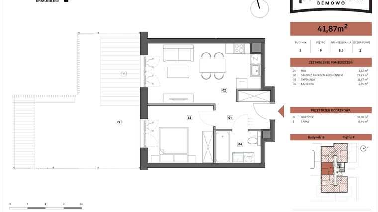 Rzut - Mieszkanie na sprzedaż 2 pokoje o powierzchni 41,87 m² - numer B.03 w Premiera Bemowo