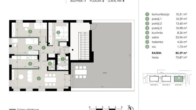 Rzut - Mieszkanie na sprzedaż 4 pokoje o powierzchni 85,59 m² - numer 1.4. w Osiedle Kwiatowa