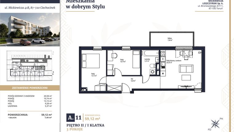 Rzut - Mieszkanie na sprzedaż 3 pokoje o powierzchni 59,12 m² - numer A11 w Mickiewicza