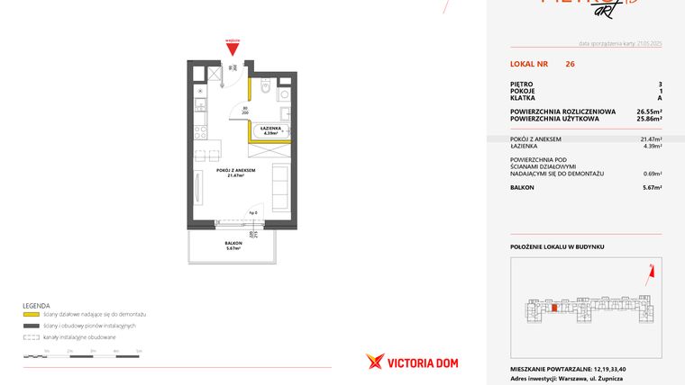Rzut - Mieszkanie na sprzedaż 1 pokój o powierzchni 26,55 m² - numer 26 w Metro Art 13