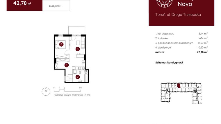Rzut - Mieszkanie na sprzedaż 1 pokój o powierzchni 42,88 m² - numer 1.B.4.12 w Murapol Novo
